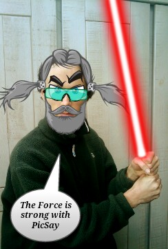 PicSay Pro used to decorate a picture with hair, eyes, glasses, beard, and a lightsaber